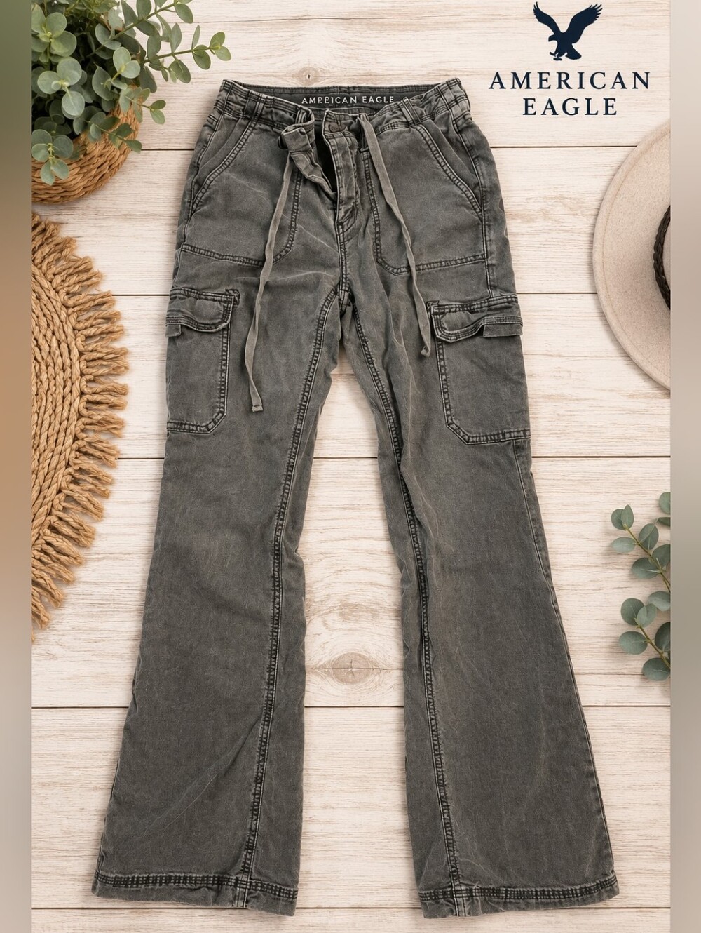 American Eagle Outfitters Womens Grey Cargo Pants with Drawstring Waist